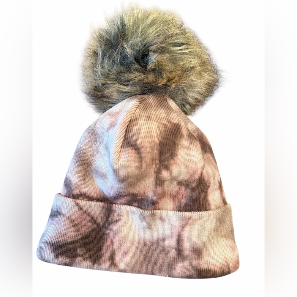Panache Beanie Blush Taupe Mocha Tie Die Winter Hat Faux Fur Pom Pom Stretchy - Picture 4 of 7